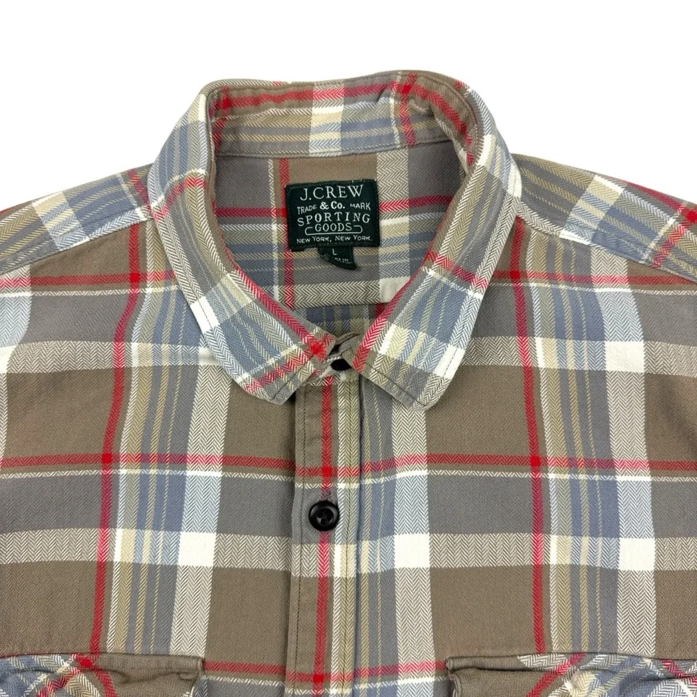 J. Crew Plaid Shirt Men's Large Tan Gray Red Flannel Button-up 100% Cotton Soft